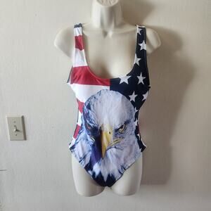 Women's one piece bathing suit featuring American Eagle and flag